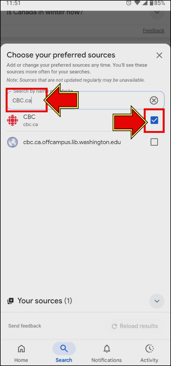Preferred source pop up window.