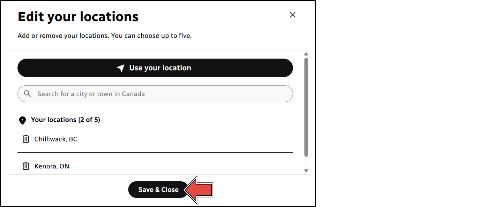 Save and close button.